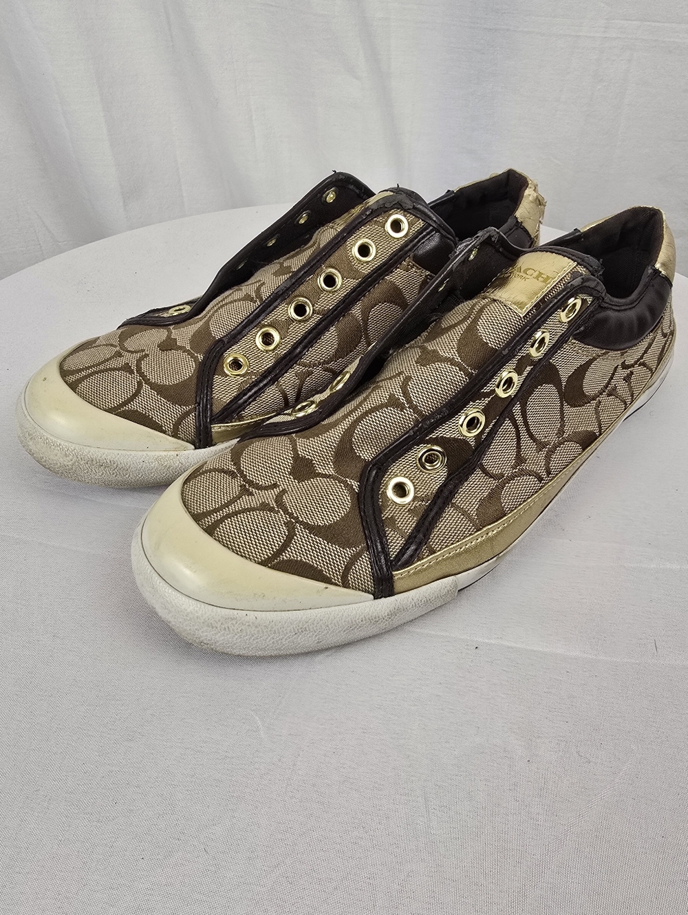 Coach Tan Brown & Gold Foil Signature Slip-On Sneakers Sz 9B